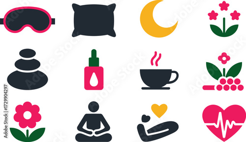 Conceptual depiction of wellness relaxation and self care including sleep meditation essential oils and healthy habits