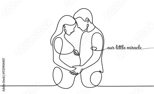 Minimalist continuous line drawing of a pregnant woman and her partner embracing tenderly celebrating anticipation of new life and family love