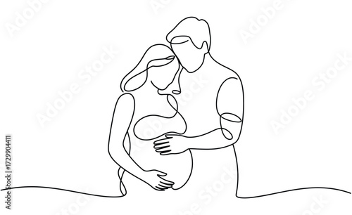Continuous line drawing of a loving couple embracing the woman is visibly pregnant symbolizing family anticipation and the beauty of new life