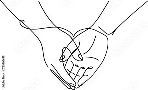 Minimalist line art illustration of two hands holding each other forming a heart shape symbolizing love and connection with delicate floral elements and the text forever in our hearts