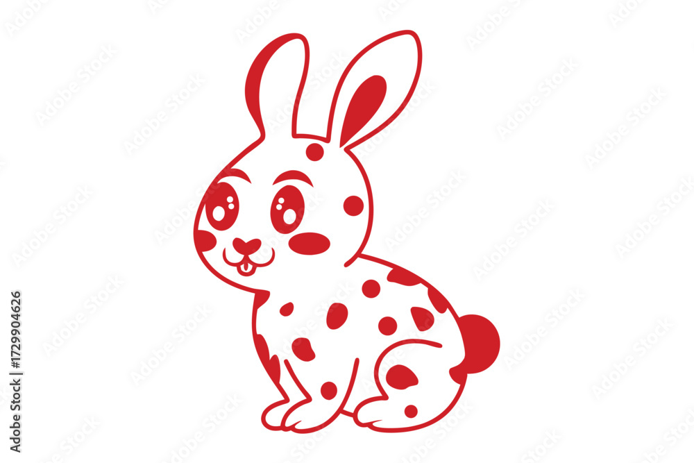 Obraz premium Cute cartoon rabbit with red outline and spots poses on a white background
