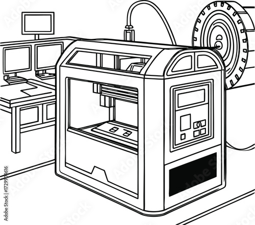 3D Printer Illustration with Control Panel and Monitors in a Manufacturing Lab
