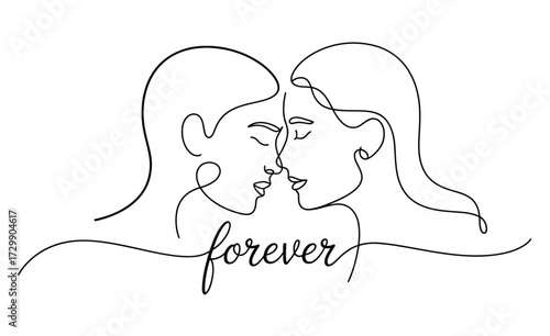Minimalist continuous line drawing of two women kissing with the word forever written below in elegant script symbolizing eternal love and romance