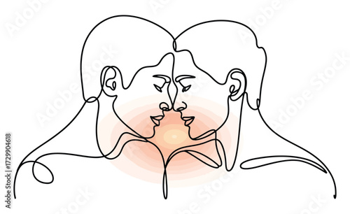 A minimalist continuous line drawing of two people s faces touching with a soft watercolor blush of pink and orange in the center symbolizing love and connection
