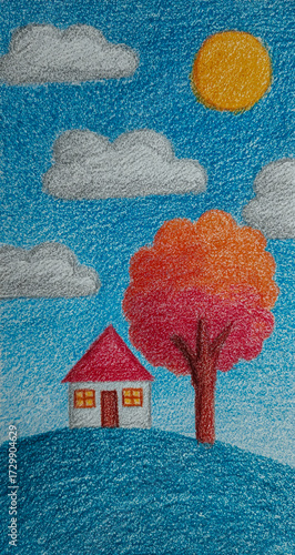 Whimsical textured painting of a small house and vibrant tree under a cloudy sky with a bright sun