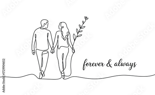 Elegant continuous line drawing of a couple holding hands and a flower symbolizing eternal love and commitment with the romantic phrase forever always beautifully scripted