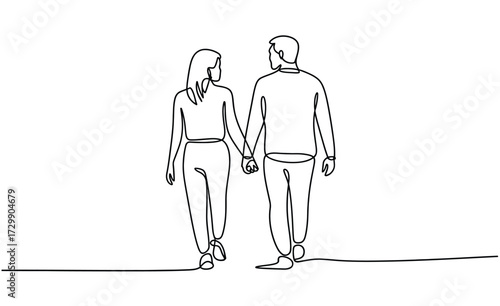 Minimalist continuous line drawing of a couple holding hands and walking together symbolizing love connection and partnership against a clean white background