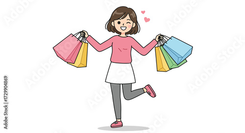 A happy cartoon girl winking while holding many colorful shopping bags.