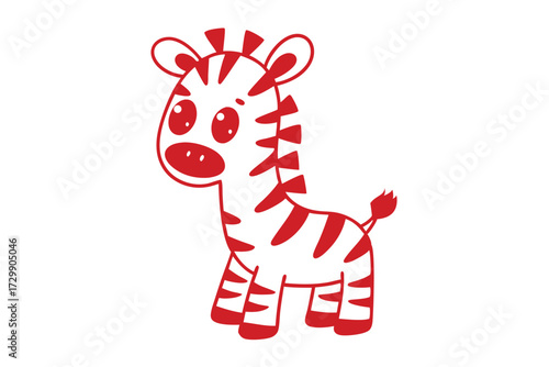 Cute cartoon zebra featuring red stripes stands calmly against a plain white backdrop