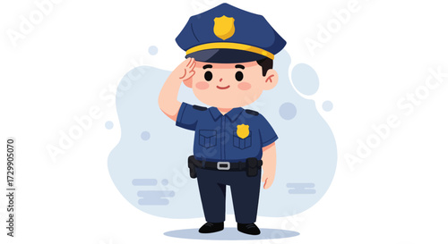 Adorable Cartoon Police Officer Saluting Uniformed and Ready for Duty.