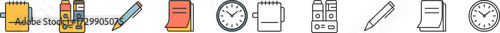 Office and Workspace Elements Illustrated Vector Collection with Time Management and Stationery Items