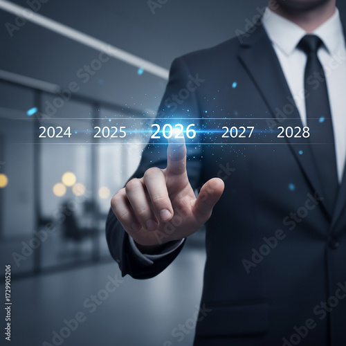 businessman pressing virtual button. businessman in a suit touching the number 