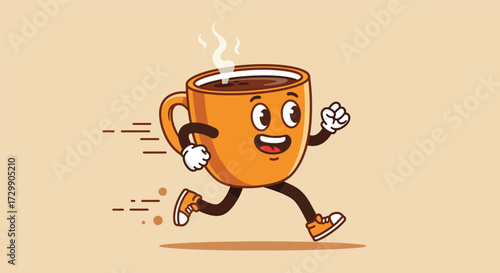 Animated Orange Coffee Cup Character Running with Steam.