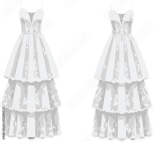 White Tiered Lace Dresses with Sweetheart Neckline and Spaghetti Straps – Elegant Fashion Vector for Bridal, Formal, and Event Design