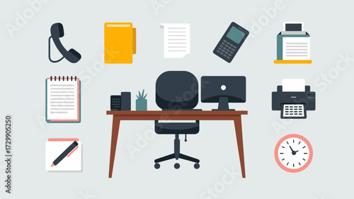 Office Desk Setup with Computer Chair and Various Stationery Supplies Flat Vector Illustration