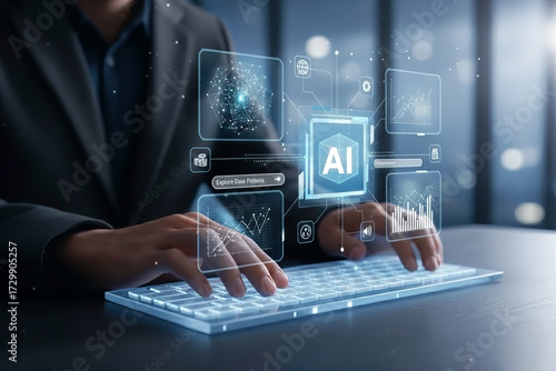businessman typing on a holographic or futuristic keyboard with glowing artificial intelligence (AI) and data icons floating above, a concept of technology and innovation