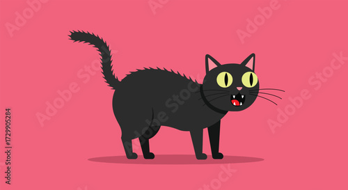 Cartoon Black Cat with Arched Back and Wide Eyes.