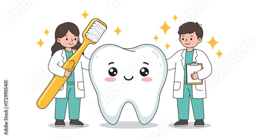 Cartoon Dentists Caring for a Giant Happy Tooth with Toothbrush.