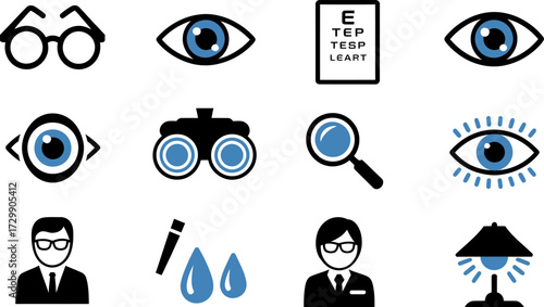 Optical health and vision care icons presenting various aspects of eye health and visual aids