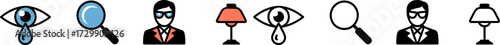 Icons set including eye with teardrop magnifying glass person and lamp symbols for various purposes