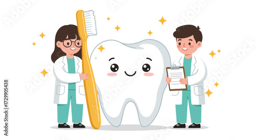 Cartoon Dentists Promoting Dental Health with Happy Tooth and Toothbrush.