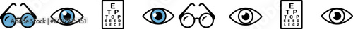 Ophthalmology vision care with eye exam and eyeglasses vector illustration symbols