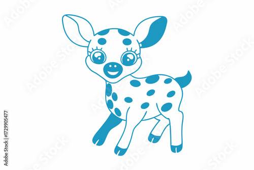 Cute outlined fawn with blue spots and large eyes poses isolated against white