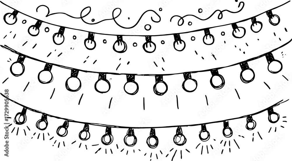 Fototapeta premium String lights vector illustration featuring hanging bulbs in a simple black and white sketch style for festive decorations and themed events.