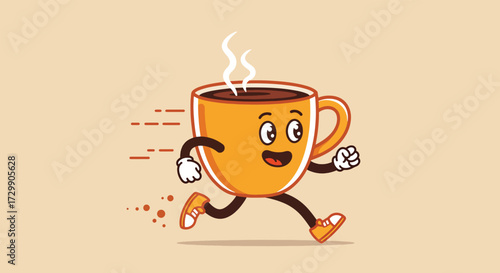 Cheerful Cartoon Coffee Cup Running with Steam and Happy Expression.