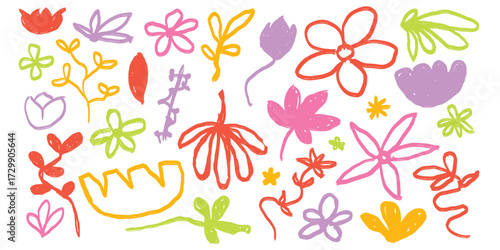 Whimsical floral doodles featuring various flowers and leaves in pastel hues isolated on white background