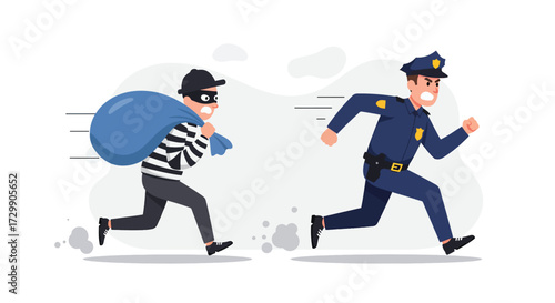 Cartoon thief with sack chased by police officer in uniform.