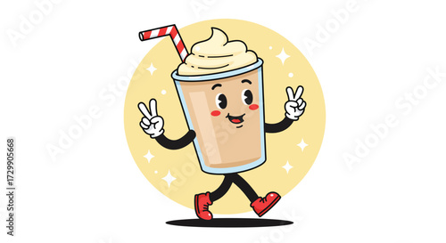 Cheerful Cartoon Milkshake Character with Straw and Peace Signs.