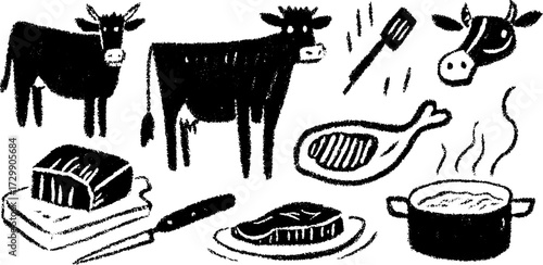 Illustration of cows and various meat products, including steak and butter. Simple black and white vector graphic set for butchery themes.