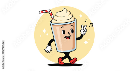Cheerful Cartoon Milkshake Dancing with a Straw and Red Shoes.