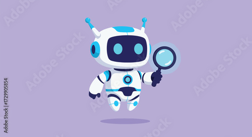Cute cartoon robot holding a magnifying glass exploring and searching 1.