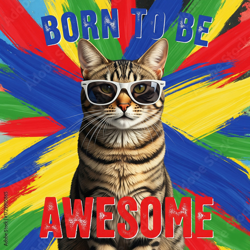 Cool tabby cat wearing sunglasses with born to be awesome text