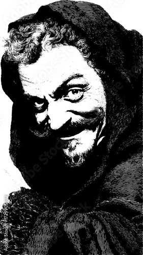 The illustration features a man's portrait in black and white vector style. A vintage character with a smile and unique expression is showcased in detailed line art.