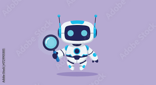 Cute cartoon robot holding a magnifying glass exploring and searching.
