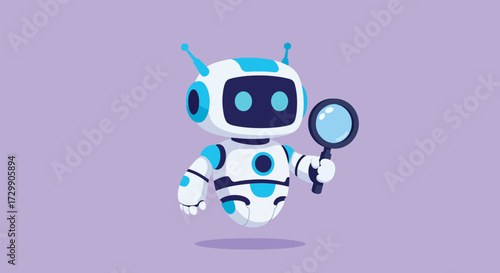 Cute cartoon robot holding a magnifying glass exploring with curiosity.