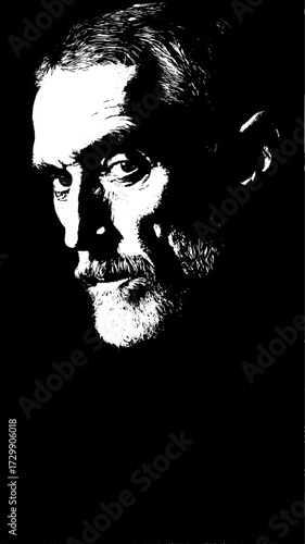 Black and white portrait of a man in simple graphic style. This vector illustration features a human face outline with strong contrast and minimalist design.