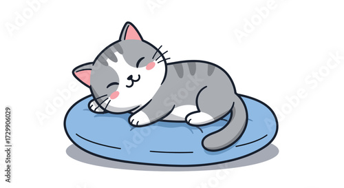 Cute grey and white tabby kitten sleeping peacefully on a blue cushion.