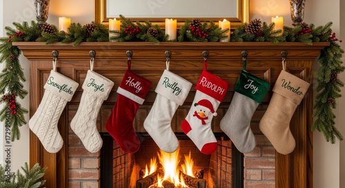Christmas stockings hanging over a fireplace mantel decorated with garland and candles, each stocking personalized with a name, with a warm fire burning below