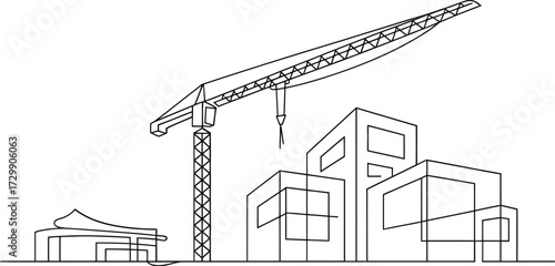 Architectural sketch of a modern cityscape under construction featuring a prominent crane lifting materials near abstract building outlines symbolizing urban development and progress