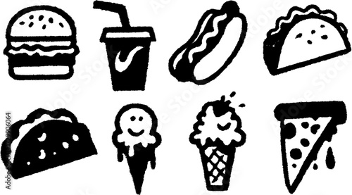 Food vector set featuring snacks like burger, pizza, hot dog, taco, ice cream, and drink in black and white illustration.