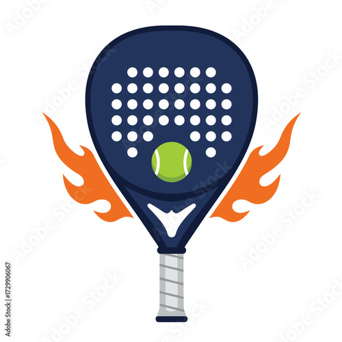 Dark Blue Padel Racket with Tennis Ball and Fiery Flames.