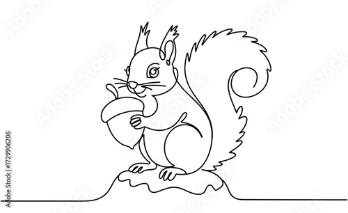 A charming hand drawn outline illustration of a cute squirrel holding an acorn standing on a stylized rocky outcrop perfect for children s books and nature themes