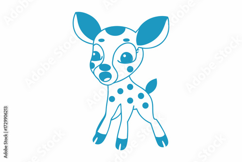Cute surprised fawn with blue spots stands on white in a cartoon style