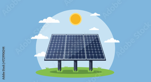 Flat design illustration of a solar panel on green grass absorbing energy from the sun.