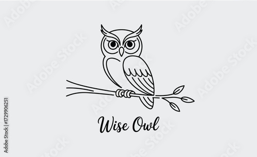 A charming hand drawn line art illustration of a wise owl perched on a branch with the words wise owl written below