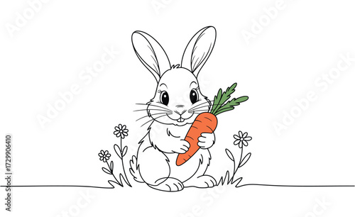 Charming hand drawn illustration of a cute bunny rabbit holding a fresh carrot in a field of simple flowers and grass perfect for easter and spring themes